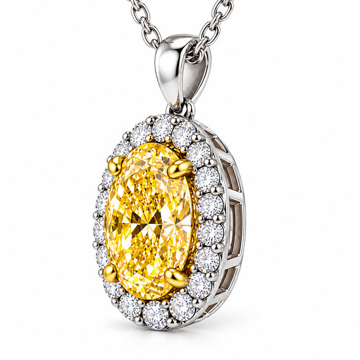 Estate Jewelry 1.80 Carat Lab Grown Canary Yellow Diamond Halo Necklace In 14K White Gold