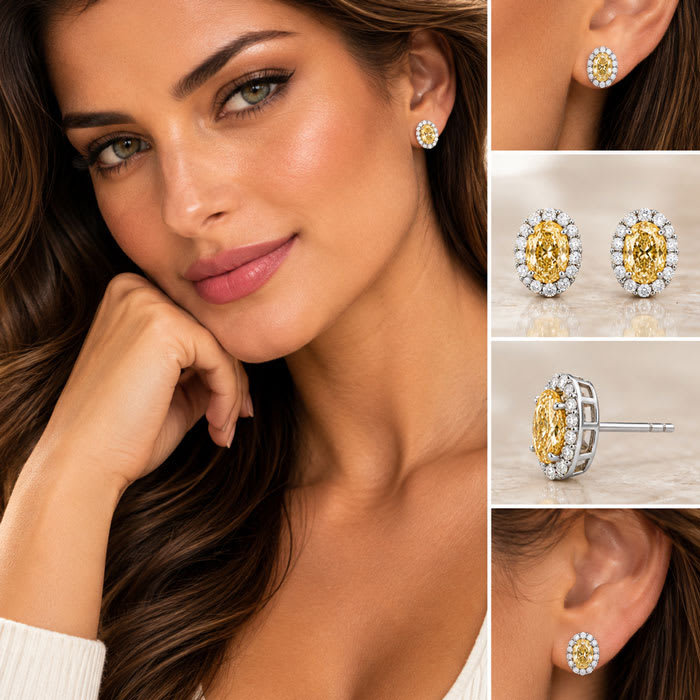 Estate Jewelry 2.37 Carat Lab Grown Canary Yellow Diamond Halo Earrings In 14K White Gold