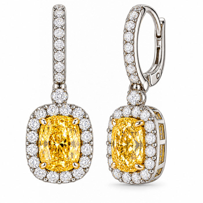 Estate Jewelry 3 Carat Lab Grown Canary Yellow Diamond Halo Drop Earrings In 14K White Gold