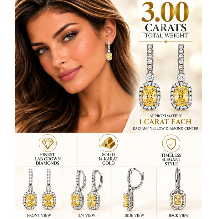 Estate Jewelry 3 Carat Lab Grown Canary Yellow Diamond Halo Drop Earrings In 14K White Gold