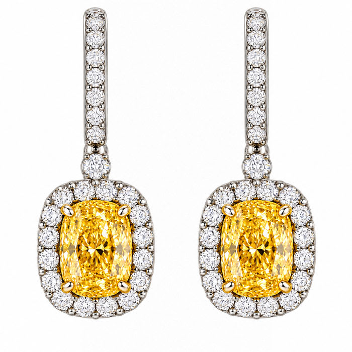 Estate Jewelry 3 Carat Lab Grown Canary Yellow Diamond Halo Drop Earrings In 14K White Gold