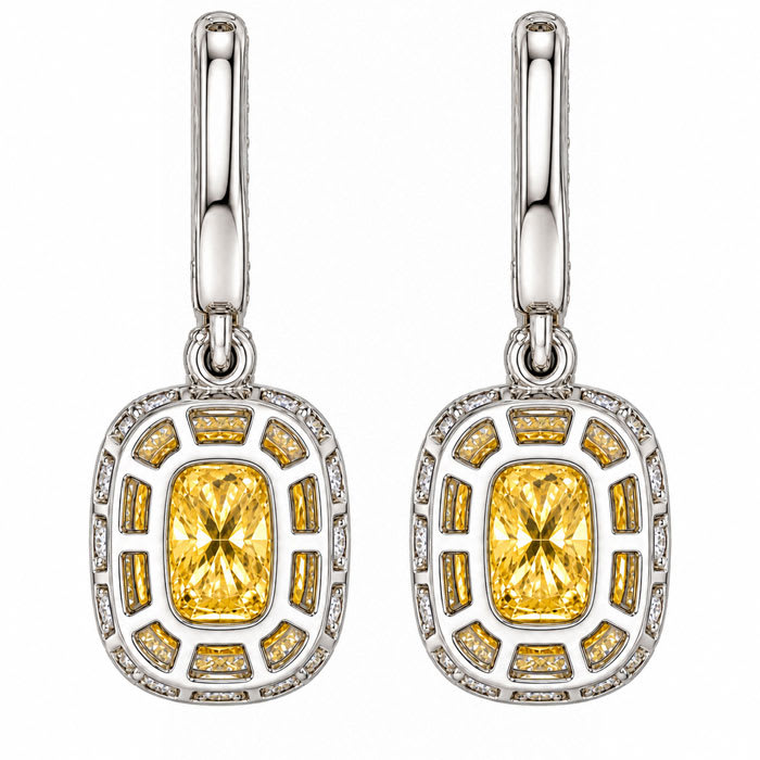 Estate Jewelry 3 Carat Lab Grown Canary Yellow Diamond Halo Drop Earrings In 14K White Gold