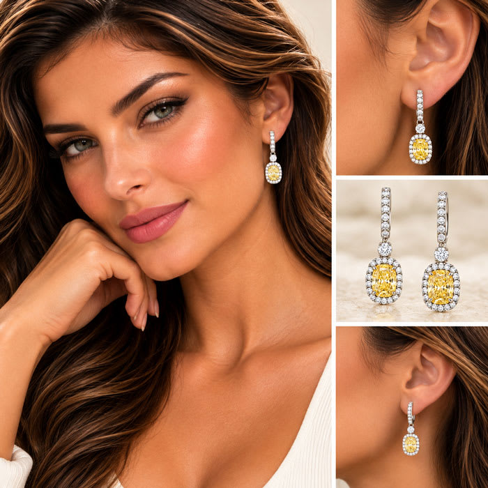 Estate Jewelry 3 Carat Lab Grown Canary Yellow Diamond Halo Drop Earrings In 14K White Gold