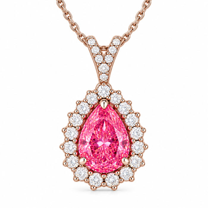 Estate Jewelry 2 1/2 Carat Lab Grown Pear Shape Pink Diamond Halo Necklace In 14K White Gold