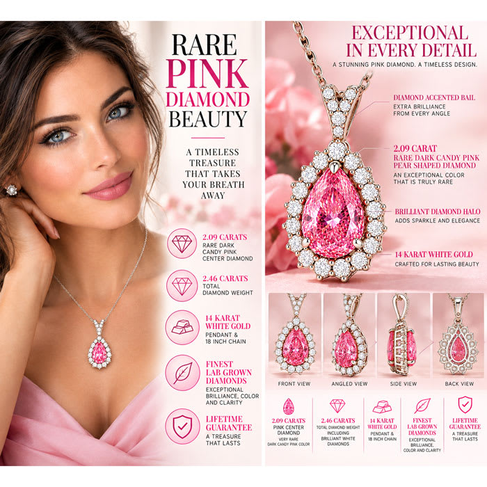 Estate Jewelry 2 1/2 Carat Lab Grown Pear Shape Pink Diamond Halo Necklace In 14K White Gold