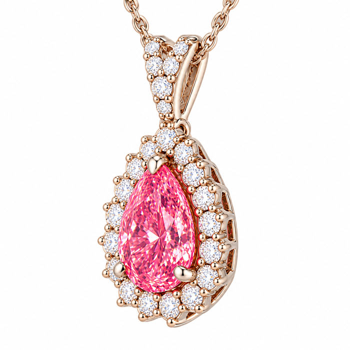 Estate Jewelry 2 1/2 Carat Lab Grown Pear Shape Pink Diamond Halo Necklace In 14K White Gold