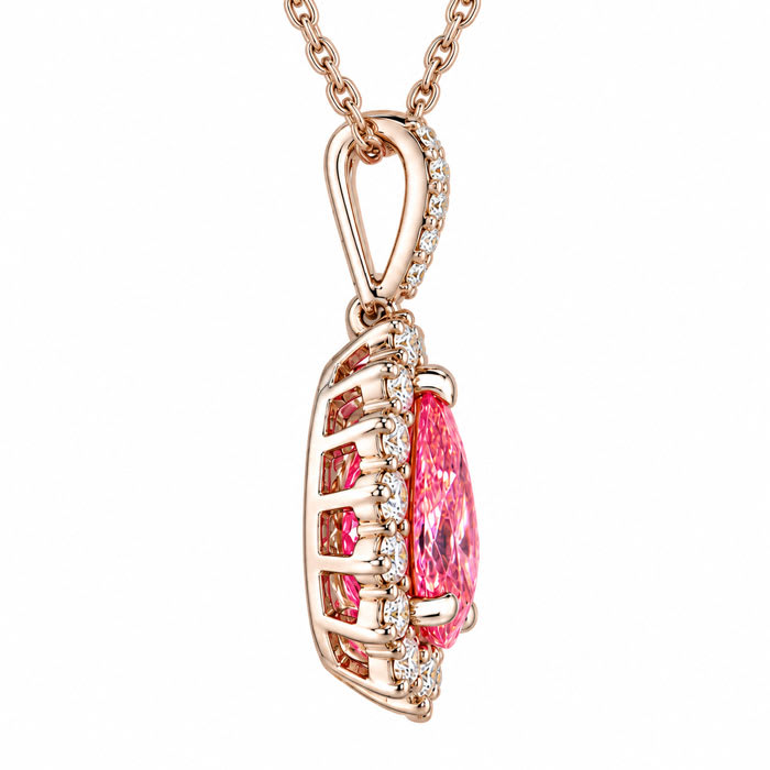 Estate Jewelry 2 1/2 Carat Lab Grown Pear Shape Pink Diamond Halo Necklace In 14K White Gold