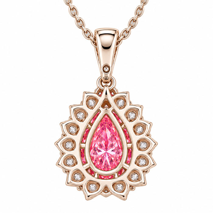 Estate Jewelry 2 1/2 Carat Lab Grown Pear Shape Pink Diamond Halo Necklace In 14K White Gold