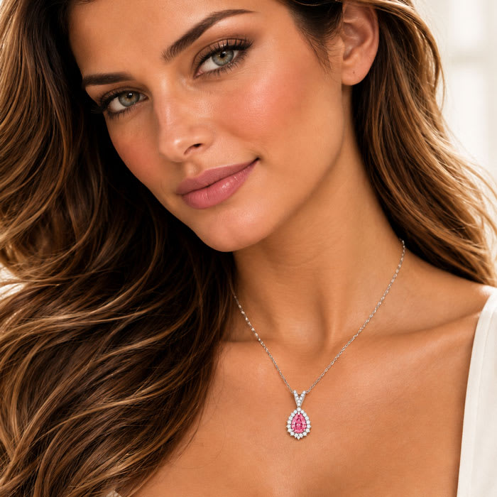 Estate Jewelry 2 1/2 Carat Lab Grown Pear Shape Pink Diamond Halo Necklace In 14K White Gold