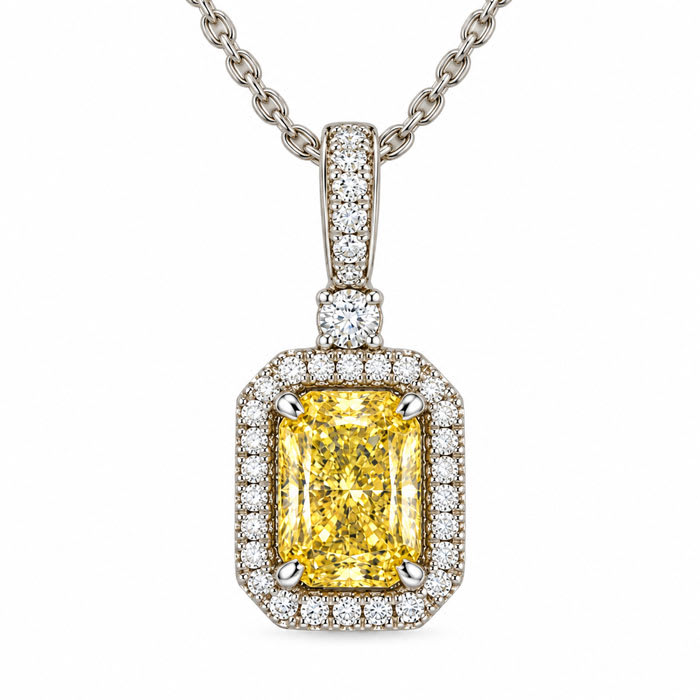 Estate Jewelry 1.66 Carat Lab Grown Canary Yellow Diamond Halo Necklace In 14K White Gold