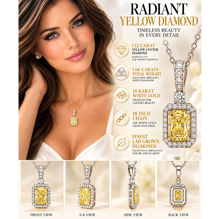 Estate Jewelry 1.66 Carat Lab Grown Canary Yellow Diamond Halo Necklace In 14K White Gold