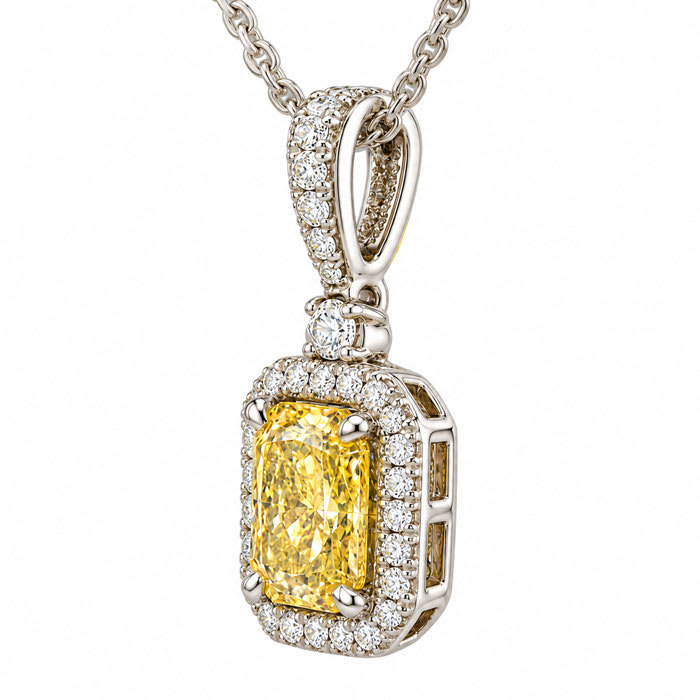 Estate Jewelry 1.66 Carat Lab Grown Canary Yellow Diamond Halo Necklace In 14K White Gold