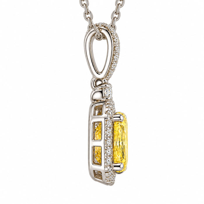 Estate Jewelry 1.66 Carat Lab Grown Canary Yellow Diamond Halo Necklace In 14K White Gold