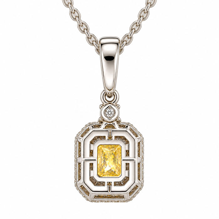 Estate Jewelry 1.66 Carat Lab Grown Canary Yellow Diamond Halo Necklace In 14K White Gold