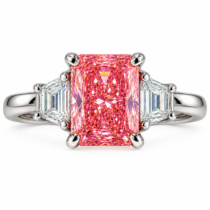 Estate Jewelry 3.28 Carat Lab Grown Radiant Fancy Pink Diamond and Trapezoid Three Stone Ring In 14K White Gold