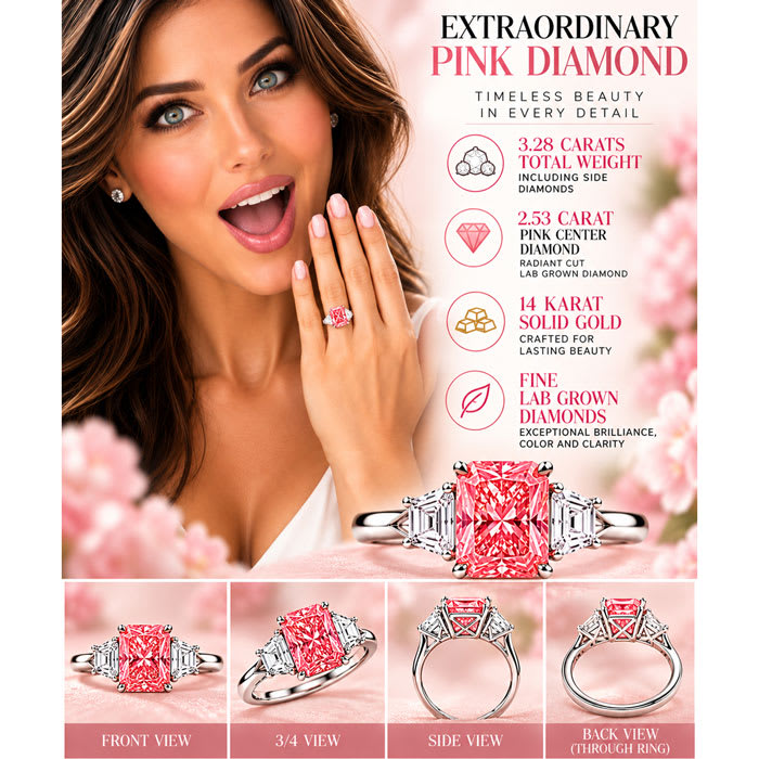 Estate Jewelry 3.28 Carat Lab Grown Radiant Fancy Pink Diamond and Trapezoid Three Stone Ring In 14K White Gold