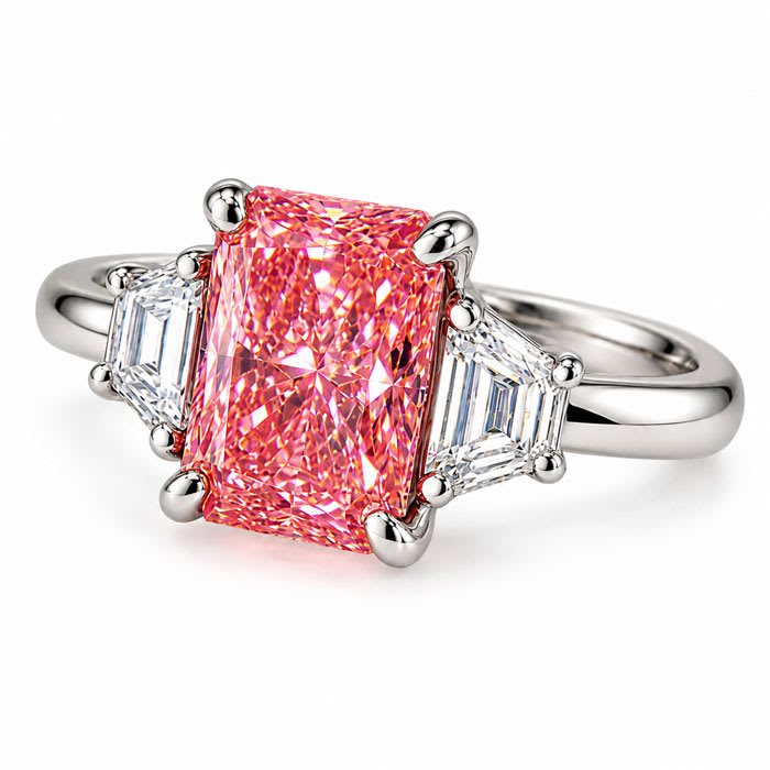 Estate Jewelry 3.28 Carat Lab Grown Radiant Fancy Pink Diamond and Trapezoid Three Stone Ring In 14K White Gold