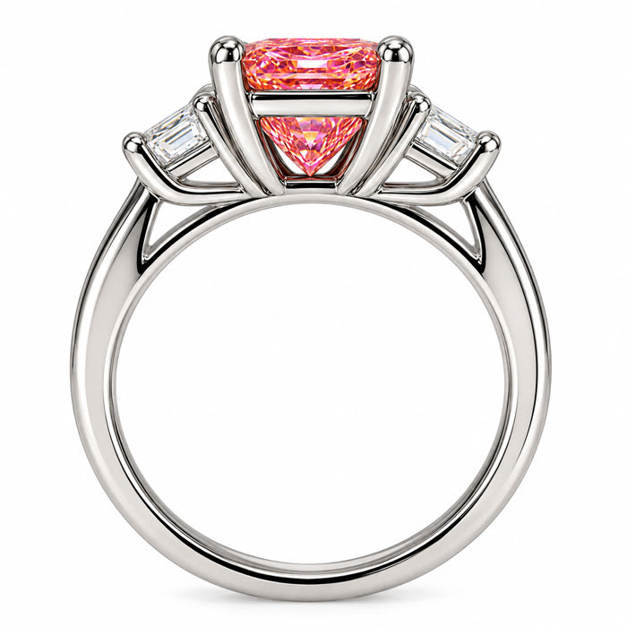 Estate Jewelry 3.28 Carat Lab Grown Radiant Fancy Pink Diamond and Trapezoid Three Stone Ring In 14K White Gold