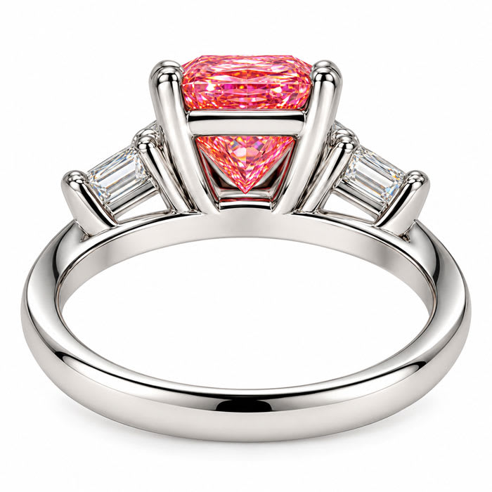 Estate Jewelry 3.28 Carat Lab Grown Radiant Fancy Pink Diamond and Trapezoid Three Stone Ring In 14K White Gold