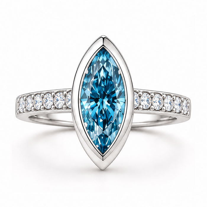 Estate Jewelry 2 1/2 Carat Lab Grown Marquise Shape Blue Diamond Bezel Set Ring In 14K White Gold