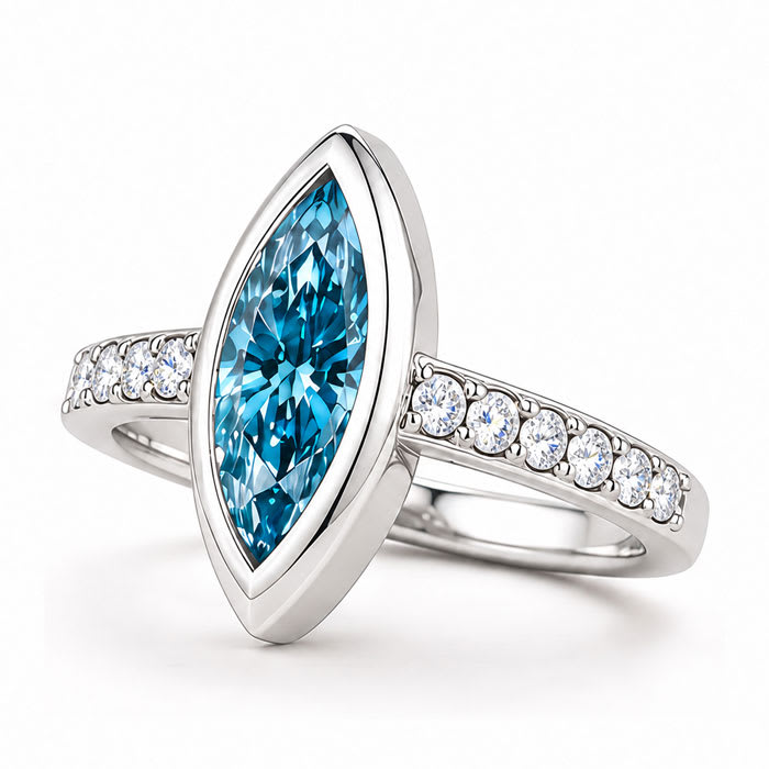 Estate Jewelry 2 1/2 Carat Lab Grown Marquise Shape Blue Diamond Bezel Set Ring In 14K White Gold