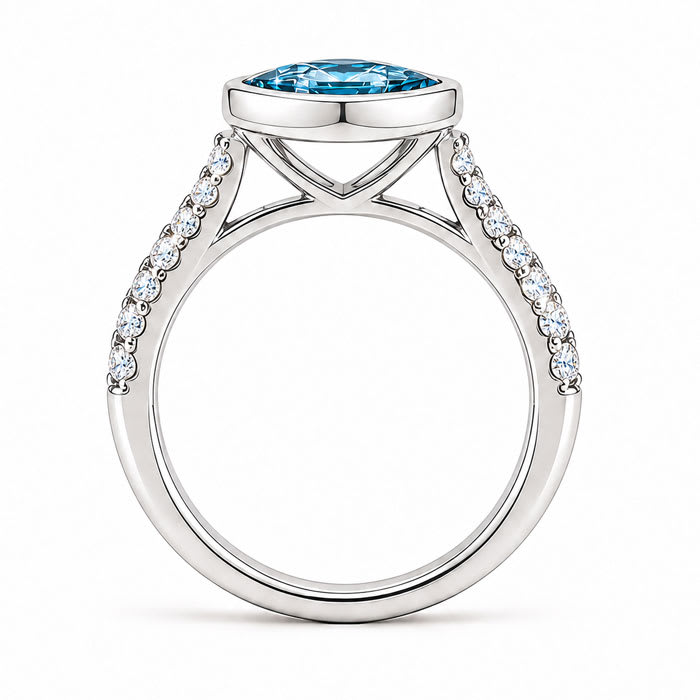Estate Jewelry 2 1/2 Carat Lab Grown Marquise Shape Blue Diamond Bezel Set Ring In 14K White Gold