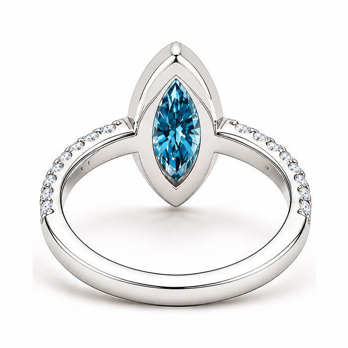 Estate Jewelry 2 1/2 Carat Lab Grown Marquise Shape Blue Diamond Bezel Set Ring In 14K White Gold