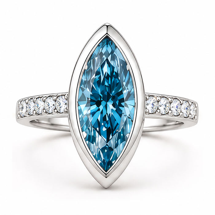 Estate Jewelry 3 1/2 Carat Lab Grown Marquise Shape Blue Diamond Bezel Set Ring In 14K White Gold