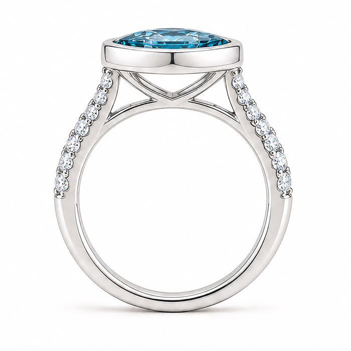 Estate Jewelry 3 1/2 Carat Lab Grown Marquise Shape Blue Diamond Bezel Set Ring In 14K White Gold