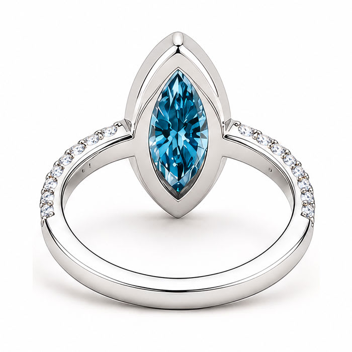 Estate Jewelry 3 1/2 Carat Lab Grown Marquise Shape Blue Diamond Bezel Set Ring In 14K White Gold