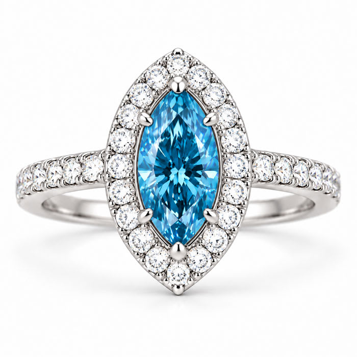 Estate Jewelry 3 Carat Lab Grown Marquise Shape Blue Diamond Halo Ring In 14K White Gold