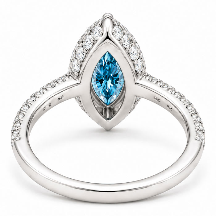 Estate Jewelry 3 Carat Lab Grown Marquise Shape Blue Diamond Halo Ring In 14K White Gold