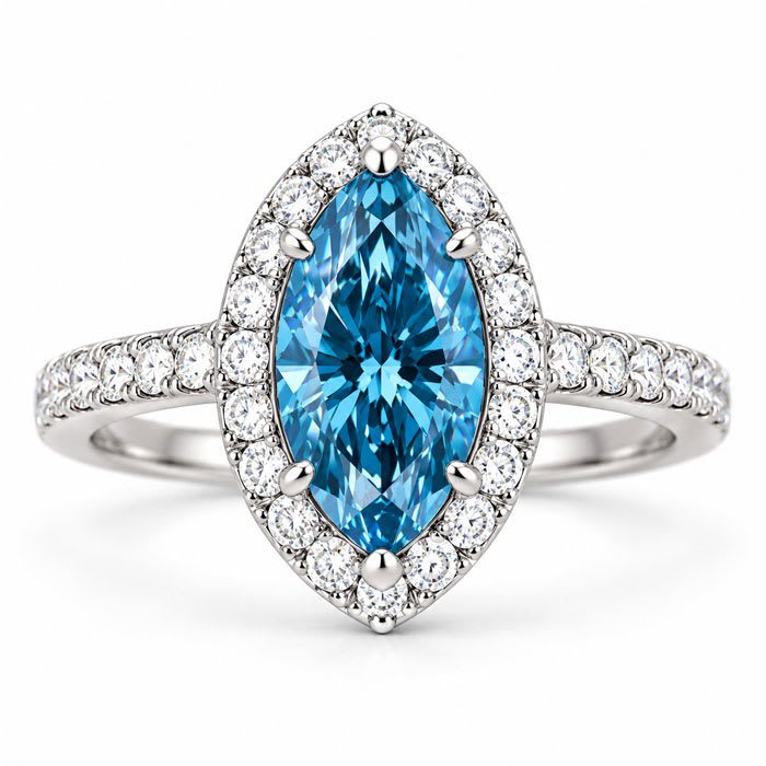 Estate Jewelry 4 Carat Lab Grown Marquise Shape Blue Diamond Halo Ring In 14K White Gold