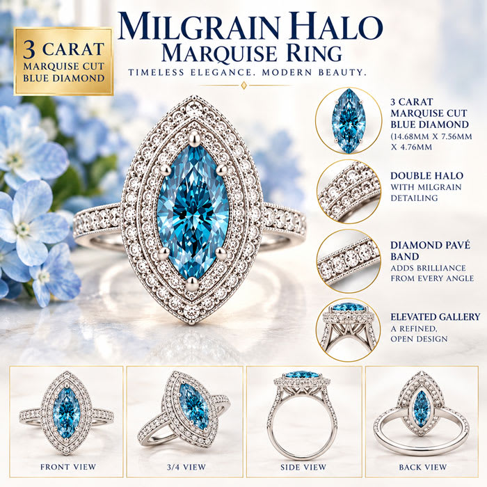Estate Jewelry 4 Carat Lab Grown Marquise Shape Blue Diamond Halo Ring In 14K White Gold