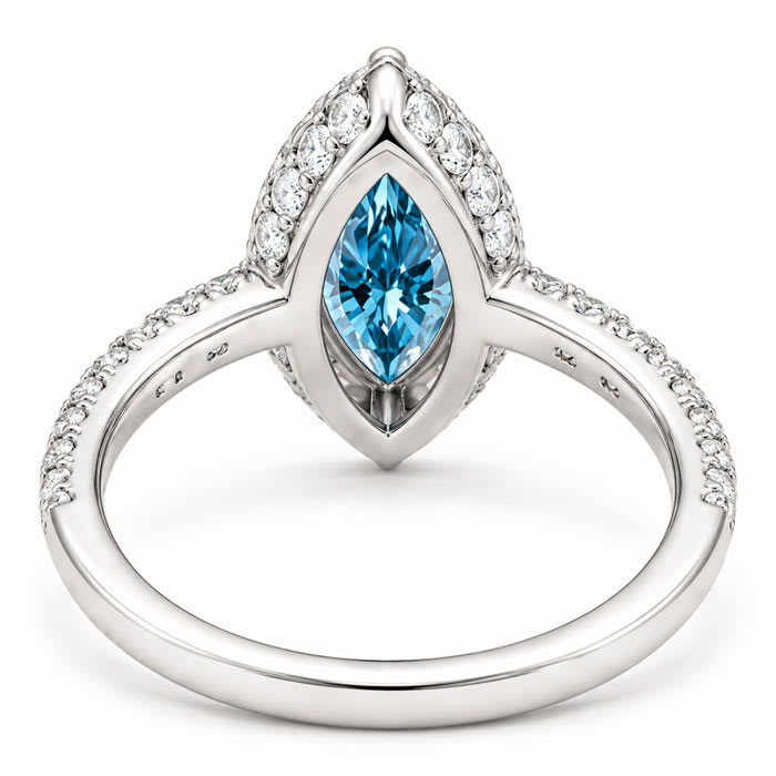 Estate Jewelry 4 Carat Lab Grown Marquise Shape Blue Diamond Halo Ring In 14K White Gold