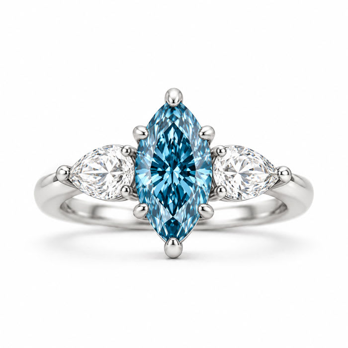 Estate Jewelry 3 Carat Lab Grown Marquise Shape Blue Diamond Three Stone Ring In 14K White Gold