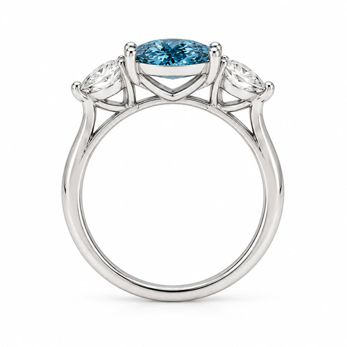 Estate Jewelry 3 Carat Lab Grown Marquise Shape Blue Diamond Three Stone Ring In 14K White Gold