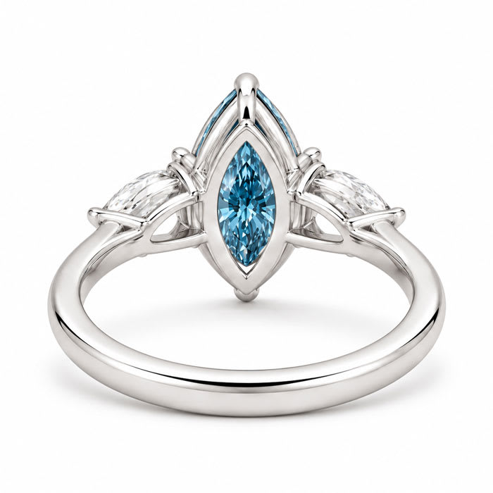 Estate Jewelry 3 Carat Lab Grown Marquise Shape Blue Diamond Three Stone Ring In 14K White Gold