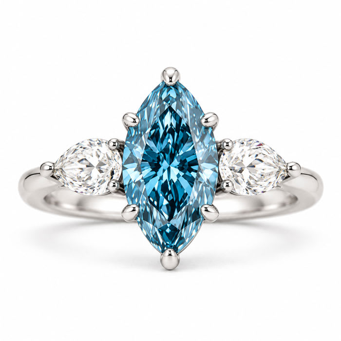 Estate Jewelry 4 Carat Lab Grown Marquise Shape Blue Diamond Three Stone Ring In 14K White Gold