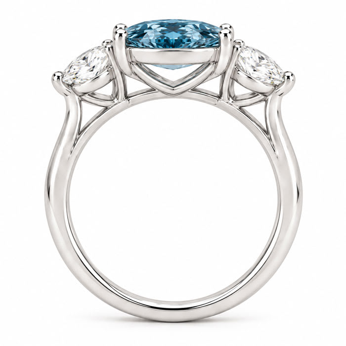 Estate Jewelry 4 Carat Lab Grown Marquise Shape Blue Diamond Three Stone Ring In 14K White Gold