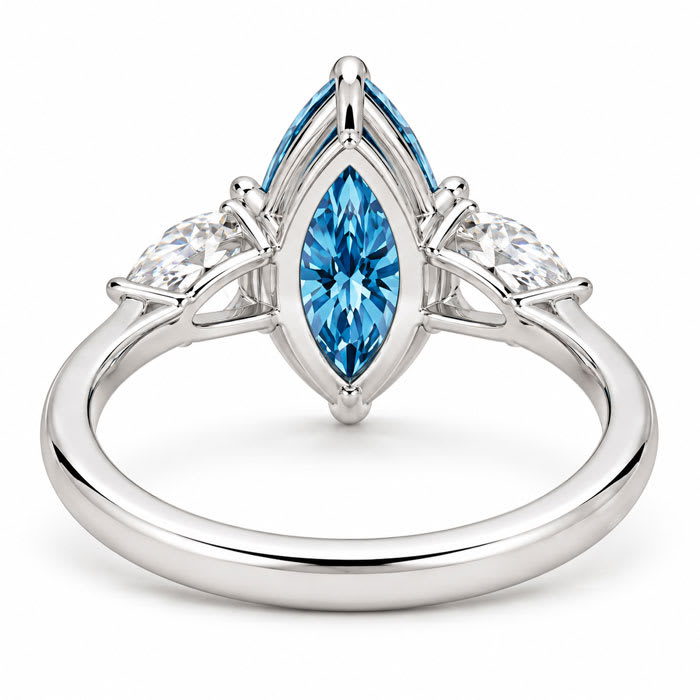 Estate Jewelry 4 Carat Lab Grown Marquise Shape Blue Diamond Three Stone Ring In 14K White Gold