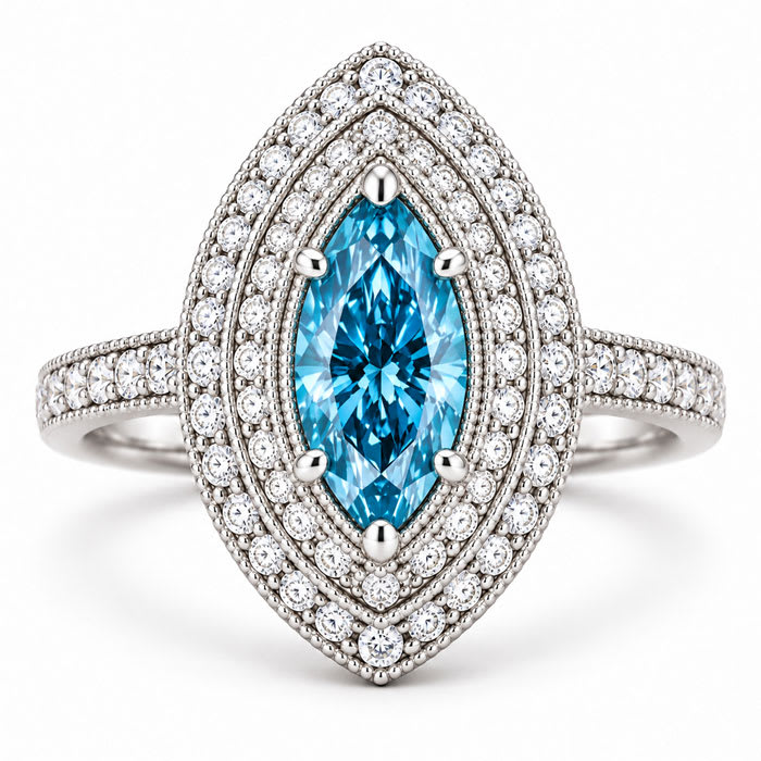 Estate Jewelry 3 Carat Lab Grown Marquise Shape Blue DIamond Double Halo Ring In 14K White Gold