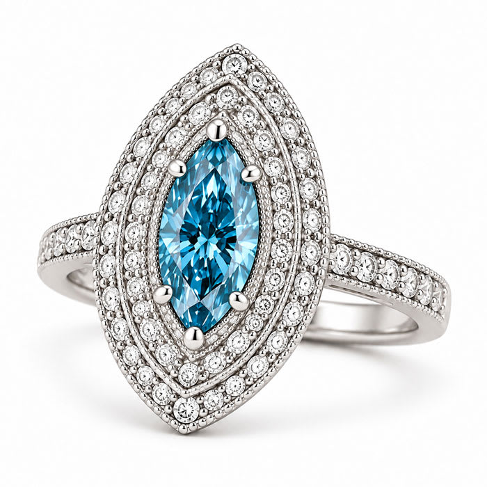 Estate Jewelry 3 Carat Lab Grown Marquise Shape Blue DIamond Double Halo Ring In 14K White Gold
