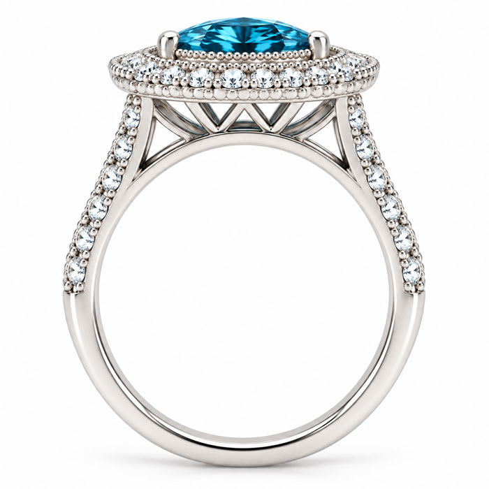 Estate Jewelry 3 Carat Lab Grown Marquise Shape Blue DIamond Double Halo Ring In 14K White Gold