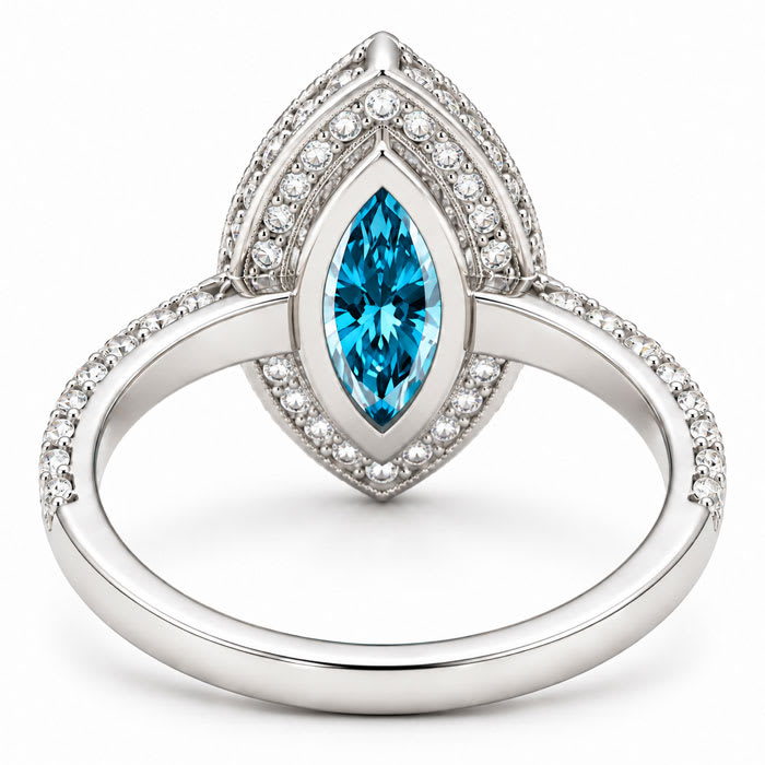 Estate Jewelry 3 Carat Lab Grown Marquise Shape Blue DIamond Double Halo Ring In 14K White Gold