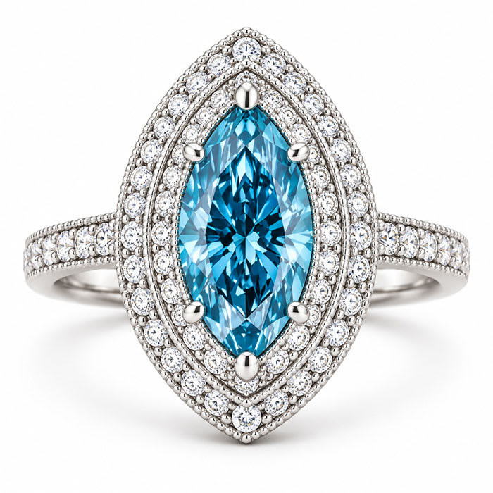 Estate Jewelry 4 Carat Lab Grown Marquise Shape Blue DIamond Double Halo Ring In 14K White Gold