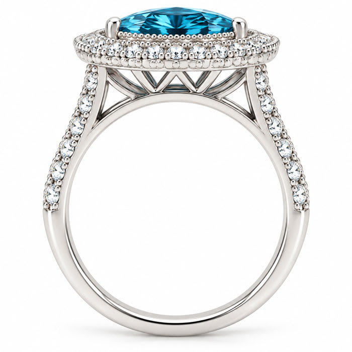 Estate Jewelry 4 Carat Lab Grown Marquise Shape Blue DIamond Double Halo Ring In 14K White Gold
