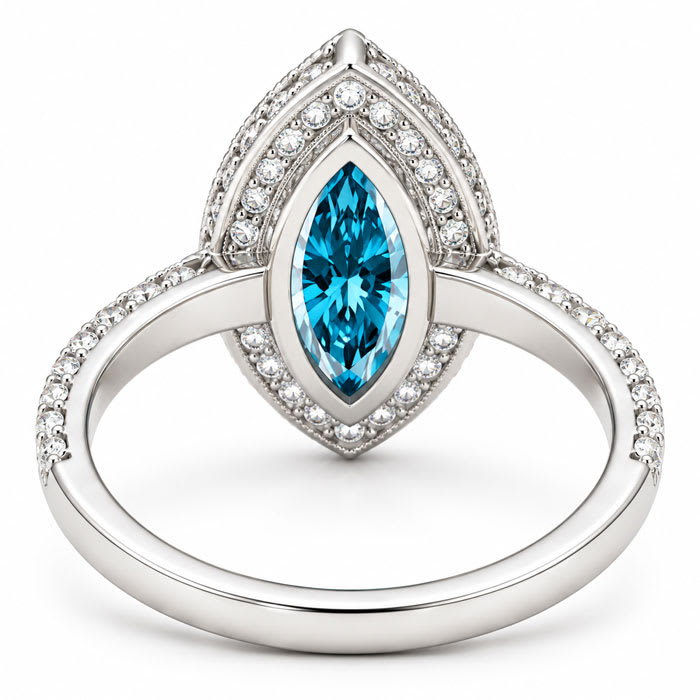 Estate Jewelry 4 Carat Lab Grown Marquise Shape Blue DIamond Double Halo Ring In 14K White Gold