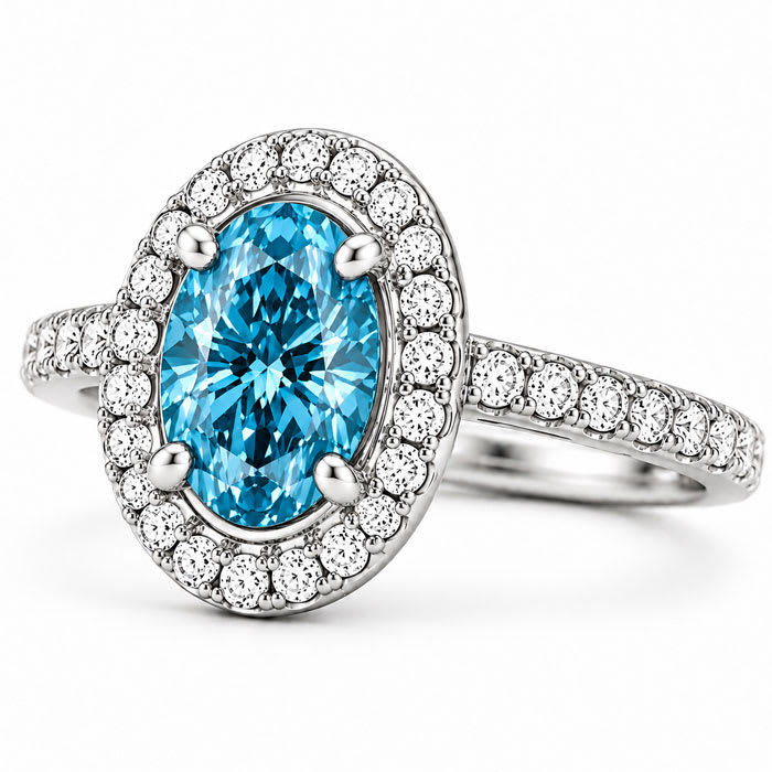 Estate Jewelry 3 Carat Lab Grown Oval Shape Blue Diamond Halo Ring In 14K White Gold