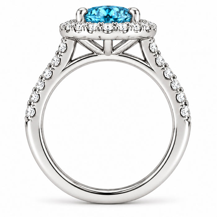 Estate Jewelry 3 Carat Lab Grown Oval Shape Blue Diamond Halo Ring In 14K White Gold